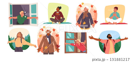 Diverse people breathing fresh air practicing meditation enjoying seasonal weather harmony 131881217