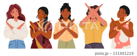 Four young women cartoon characters of different nationalities gesturing stop expressing refusal Four young women cartoon characters of different nationalities gesturing stop expressing refusal 131881229