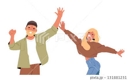 Happy man and woman cartoon characters reaching hands together gesturing solidarity and equality 131881231