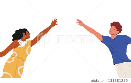 Man and woman of different ethnicity reaching hands joining together demonstrating friendship 131881236