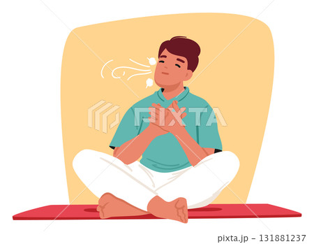 Teenage boy cartoon character sitting on mat and doing breathing exercise inhaling fresh air 131881237