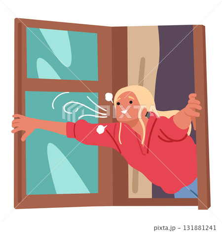 Satisfied young woman opening window to inhale fresh morning air and meeting new day cartoon scene 131881241