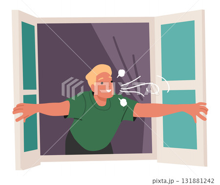Positive young man opening window inhaling fresh morning air breathing with pleasure and happiness 131881242