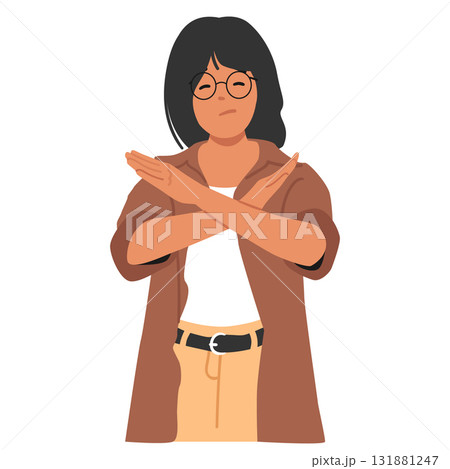 Asian woman crossing arms in stop gesture showing refusal, assertiveness and personal boundaries Asian woman crossing arms in stop gesture showing refusal, assertiveness and personal boundaries 131881247
