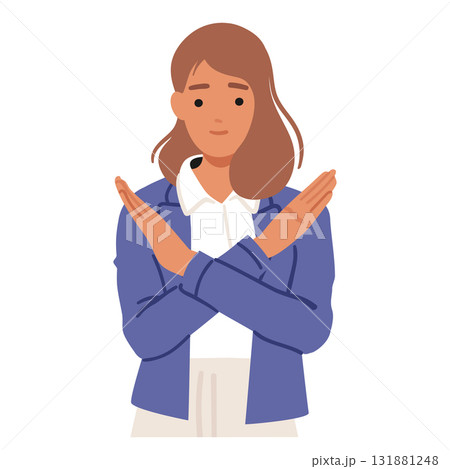 Confident businesswoman making stop gesture saying no with hand raised and crossed isolated on white Confident businesswoman making stop gesture saying no with hand raised and crossed isolated on white 131881248