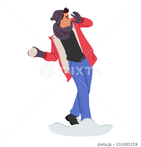 Overjoyed teenage boy cartoon character playing with snow during snowfall winter fun outdoors 131881259