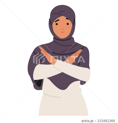 Confident Muslim woman in hijab crossing arms in stop gesture, expressing refusal and disagreement 131881260