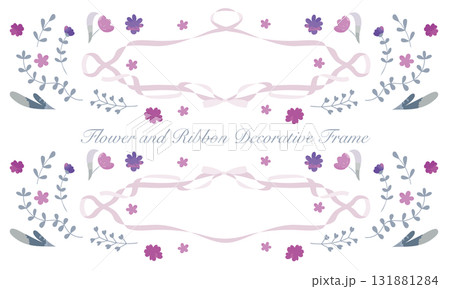 水彩風の花とリボンの飾りフレーム素材 131881284
