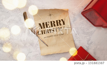 Christmas greeting card with festive decorations and red presents on a light background 131881387