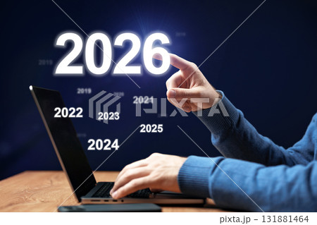 Future planning with technology for the year 2026 on a laptop screen Future planning with technology for the year 2026 on a laptop screen 131881464