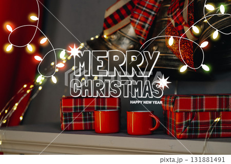 Festive holiday decorations highlight a cozy Christmas setting with gifts and lights Festive holiday decorations highlight a cozy Christmas setting with gifts and lights 131881491