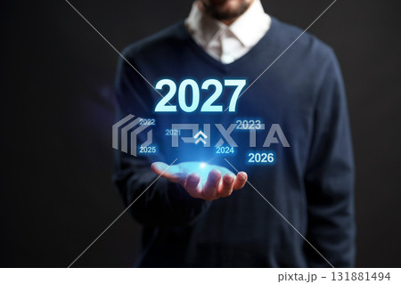Future timeline prediction displayed in a hand with focus on the year 2027 131881494