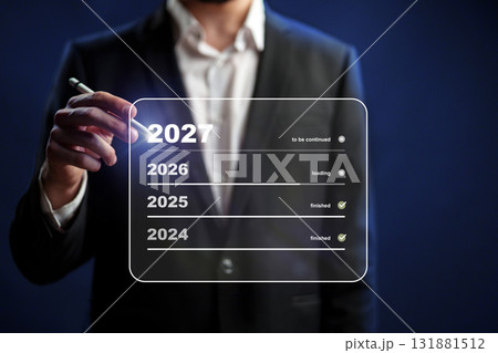 Future planning timeline with progress indicators for upcoming years Future planning timeline with progress indicators for upcoming years 131881512