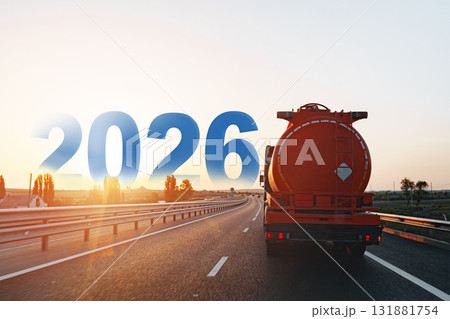 Road to the future with a truck on the highway under a sunset in 2026 131881754