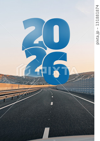 Road leading to future with 2026 signage in the clear sky Road leading to future with 2026 signage in the clear sky 131881874