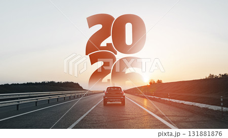 Journey towards future goals in 2026 on a serene highway at sunset 131881876