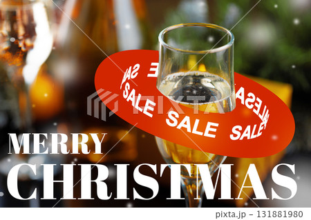 Holiday celebration with champagne and festive sale announcement in background Holiday celebration with champagne and festive sale announcement in background 131881980