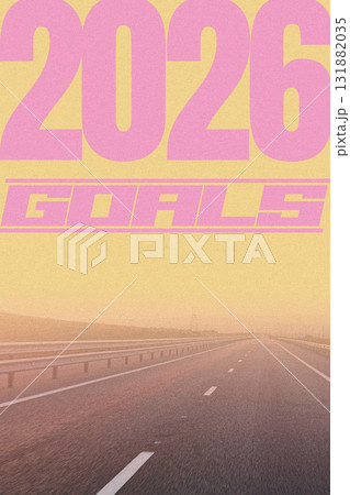 Setting goals for 2026 on a winding highway under a soft pastel sky 131882035