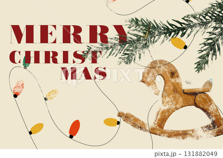 Festive wooden rocking horse with Christmas decorations and greeting Festive wooden rocking horse with Christmas decorations and greeting 131882049