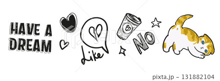 Print A set of design elements for teenage girls, sketches, and a cat in vector for textiles and design Print A set of design elements for teenage girls, sketches, and a cat in vector for textiles and design 131882104