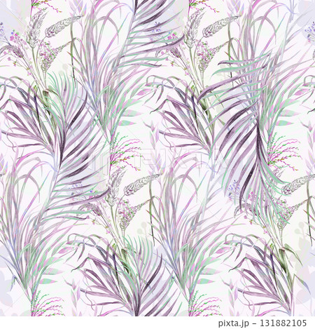 Seamless watercolor black and white pattern with delicate stems and leaves of palm grasses Seamless watercolor black and white pattern with delicate stems and leaves of palm grasses 131882105