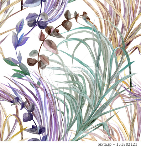 Seamless watercolor pattern with graceful leaves and stems on green background for textile 131882123
