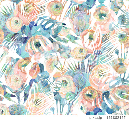 mix watercolor silhouette seamless pattern with Ranunculus roses flowers and protea mix watercolor silhouette seamless pattern with Ranunculus roses flowers and protea 131882135