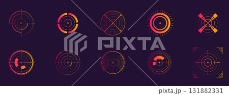 Crosshair HUD elements with neon orange pink gradient in futuristic sci-fi style Crosshair HUD elements with neon orange pink gradient in futuristic sci-fi style 131882331