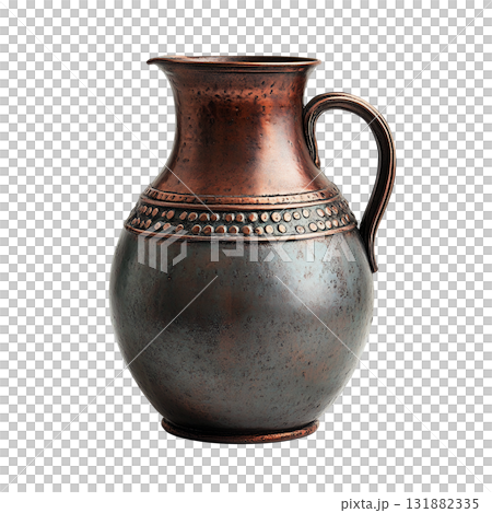 Stunning isolate of a copper or bronze jug with a rich oriental or antique relief ornament. The insulated piece shows a noble patina, exquisite decor and is ideal for catalogs. Stunning isolate of a copper or bronze jug with a rich oriental or antique relief ornament. The insulated piece shows a noble patina, exquisite decor and is ideal for catalogs. 131882335