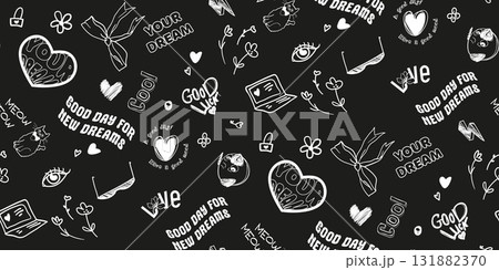 Seamless black and white pattern with Elements for girls bow, hearts for textiles and girly surface design 131882370