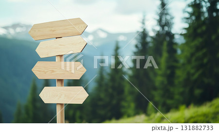 Wooden Arrow Signpost in Mountain Landscape with Directional Signs. 131882733
