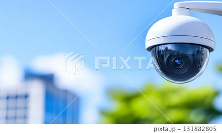 Exterior Surveillance Camera on Building with Spherical Dome Enclosure. Exterior Surveillance Camera on Building with Spherical Dome Enclosure. 131882805
