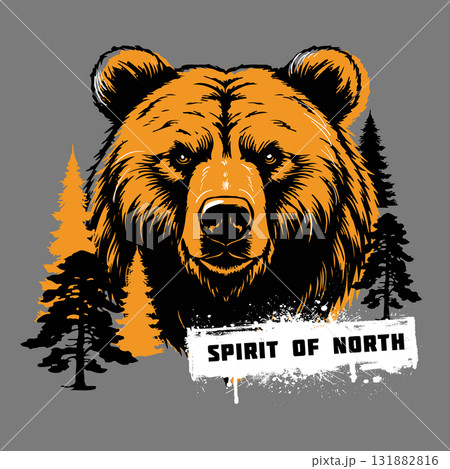 Illustration print for rugged men is T-shirt with bear head and inscription spirit of north 131882816