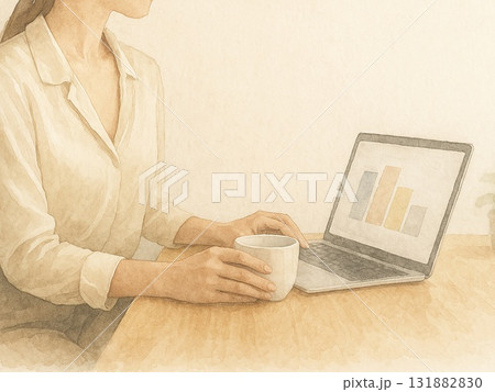 静かな朝のAIワークデスク — 上品な余白とさりげない手首 静かな朝のAIワークデスク — 上品な余白とさりげない手首 131882830