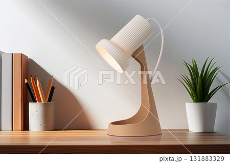 Modern desk lamp illuminating workspace with stylish decor and greenery accents 131883329