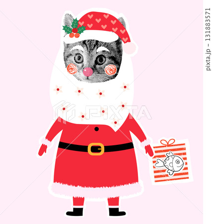 Fun Vector Santa Claus Cat Holding A Christmas Present, Holiday Animal Collage for Posters and Banners Fun Vector Santa Claus Cat Holding A Christmas Present, Holiday Animal Collage for Posters and Banners 131883571
