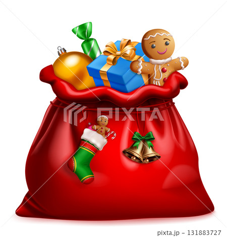 Red Santa sack with gifts, gingerbread men, and ornaments. 131883727