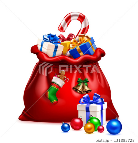 Red Santa sack with gifts, a giant candy cane, and ornaments. Red Santa sack with gifts, a giant candy cane, and ornaments. 131883728
