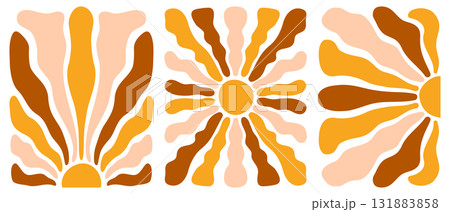 Groovy sun rays backgrounds. Set of cute sunlight, sunrise or sunset vertical posters. Spring or summer theme wallpapers. Good positive vibes concept. Modern funny prints. Vector flat illustration 131883858