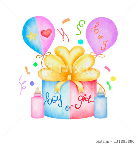 A watercolor composition for a gender reveal party decor featuring a cake, balloons, and confetti. The clip art on a white background is suitable for invitations, cards, packaging, printed materials 131883890
