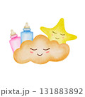 A sweet watercolor children's composition. Clip art on a white background with a cloud, a star, and bottles for children's products, invitation and cards, packaging, printed materials, textiles, book 131883892