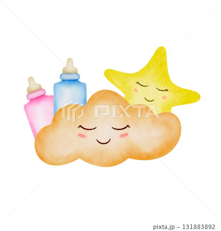 A sweet watercolor children's composition. Clip art on a white background with a cloud, a star, and bottles for children's products, invitation and cards, packaging, printed materials, textiles, book 131883892