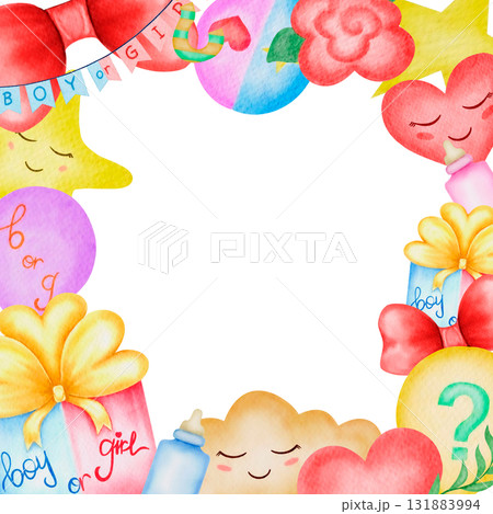A watercolor digital frame for decorating a gender reveal party. This cute clip art composition on a white background is perfect for invitations and cards, printed materials, posters, banners, albums 131883994