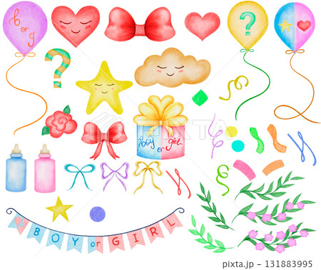 Gender party. Watercolor digital illustration of a set of elements for a gender party. The clipart on a white background is suitable for invitations and cards, packaging, printed materials, textiles 131883995