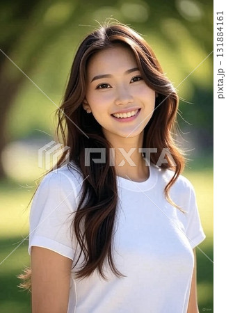 ロングヘアの若い女性の春の微笑みの優しい瞬間 ロングヘアの若い女性の春の微笑みの優しい瞬間 131884161