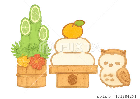 和風のお正月飾りとフクロウのイラスト / Japanese New Year Decorations 131884251