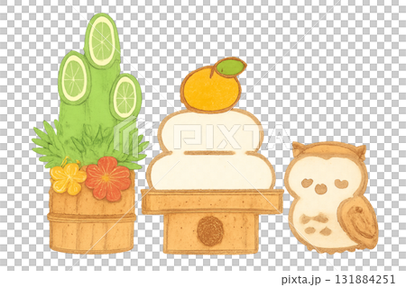 和風のお正月飾りとフクロウのイラスト / Japanese New Year Decorations 131884251