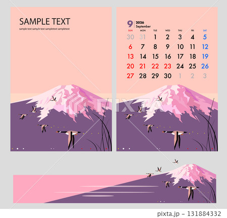 秋の富士山に鴨が飛ぶ風景イラスト,カレンダー表紙デザイン,バナー 131884332