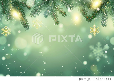 緑のツリーと雪の結晶の背景　やさしい光がきらめく冬のクリスマスイラスト 131884334
