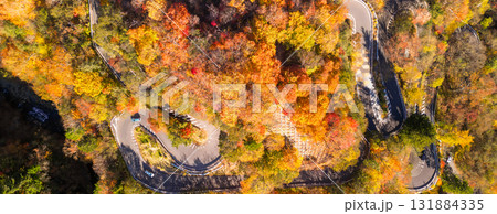 空撮「栃木県」紅葉で秋色に染まった日光のいろは坂 秋 空撮「栃木県」紅葉で秋色に染まった日光のいろは坂 秋 131884335